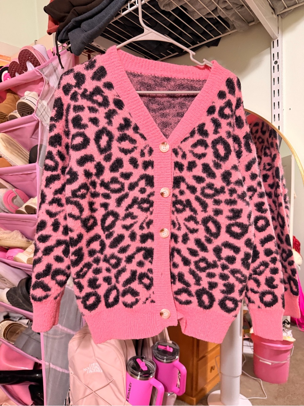 Pink Leopard Print V-Neck Cardigan Sweater